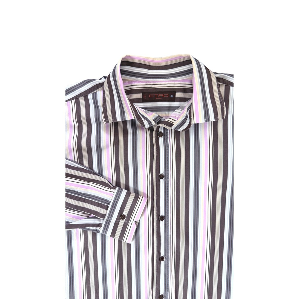 Etro Milano Mens Brown Lavender Striped Button Down Shirt Made in Italy Size 42